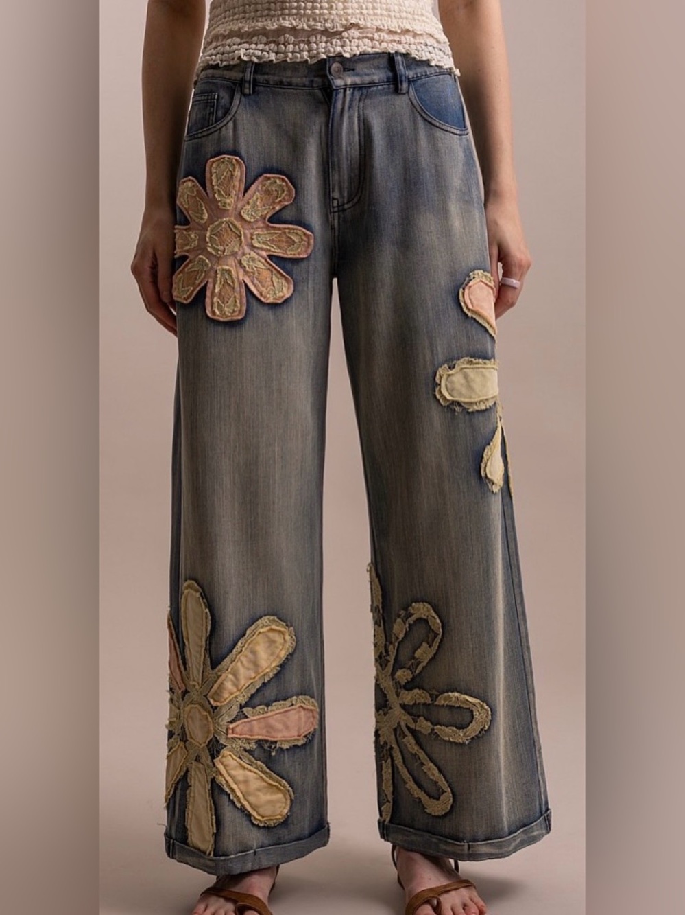 Blue Velvet Wide-Leg Floral Patch Denim Jeans - Size XL